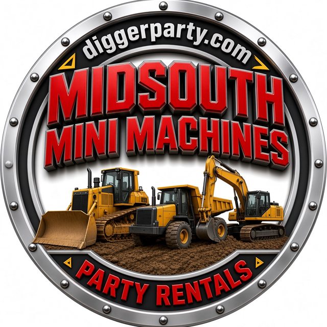Midsouth Mini Machines — diggerparty.com party rentals badge, with an RC bulldozer, dump truck and excavator