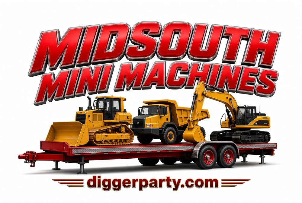 Midsouth Mini Machines trailer loaded with an RC bulldozer, dump truck and excavator